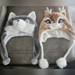 Two‎ Animal Beanies Pom Poms Plush Wolf Reindeer Sparkle Glitter Winter Snow